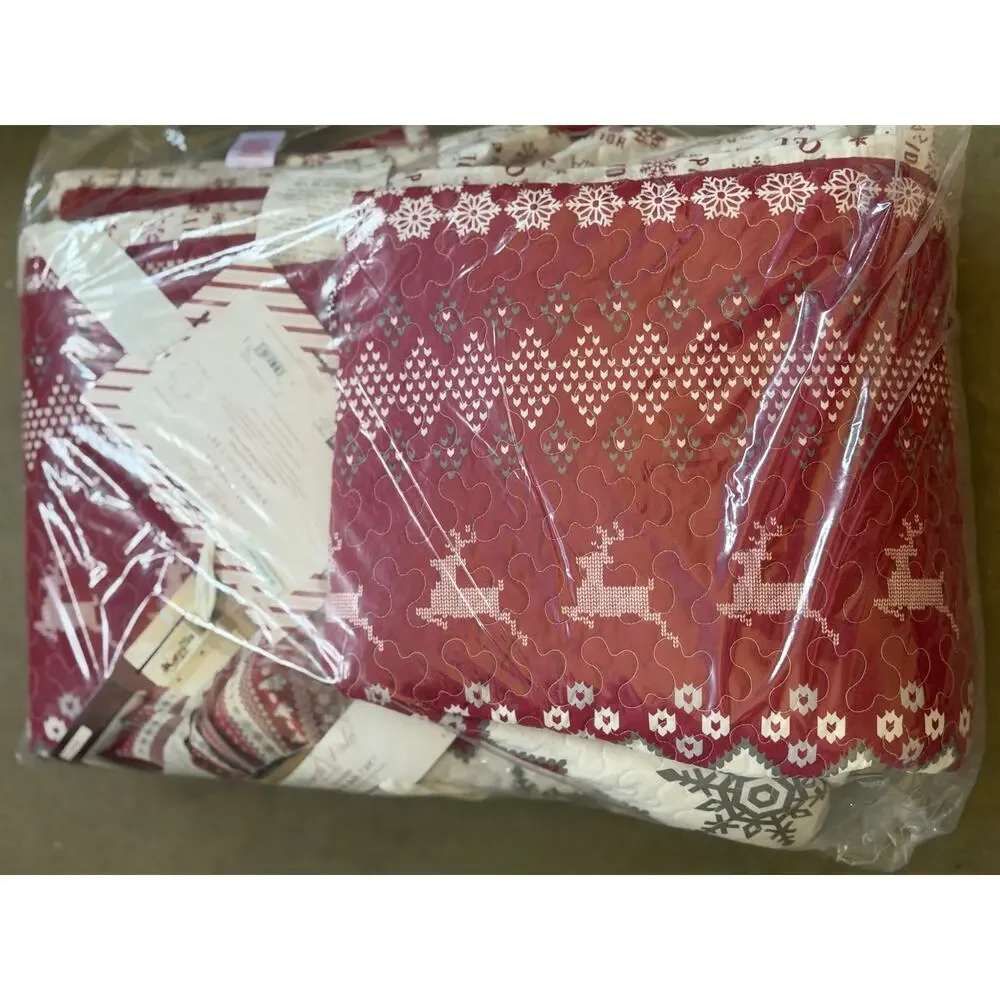 North Pole Trading Co. 3PC Cotton Holiday Novelty Stripe Quilt Set KING Red